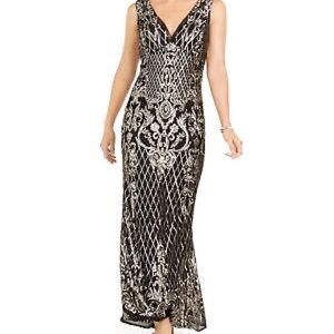 R&M RICHARDS Sequined Zippered Gown Sleeveless V Neck Maxi Formal Petite 12P